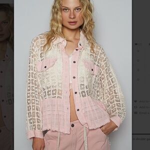 POL Lace Overlay Pink Button Down Shirt